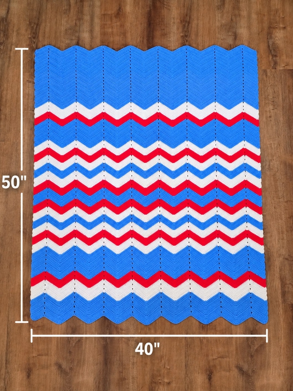 Handmade Crochet Chevron Throw Blanket Blue Red & White 40” x 50"